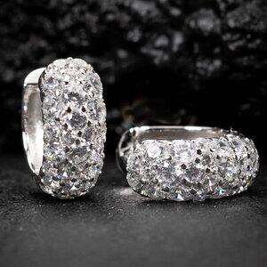 White Gold Plated 925 Sterling Silver  Cz Honey Comb Flower Set Hoop Earrings